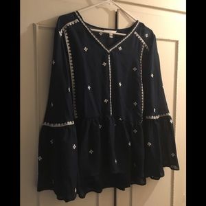 Cute Navy Blue White Trim Blouse L